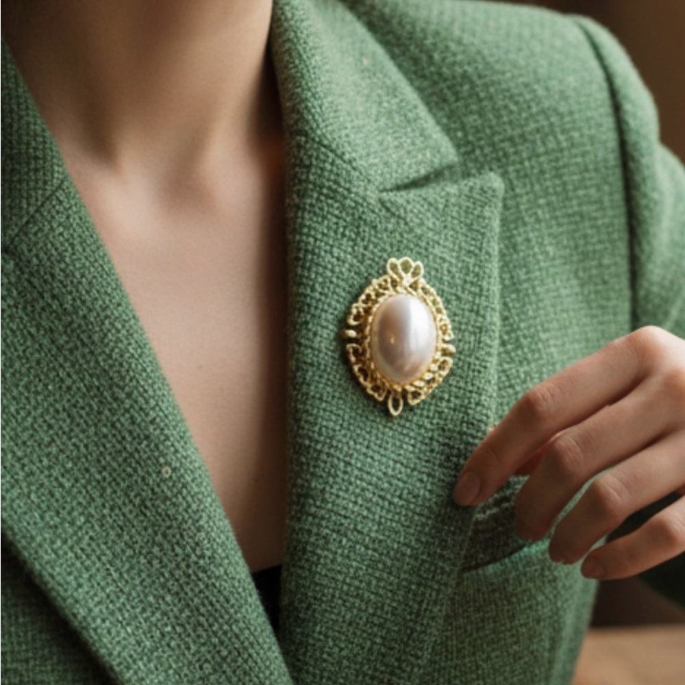 Vintage Faux Pearl Brooch | Gold Filigree Victorian Revival Pin